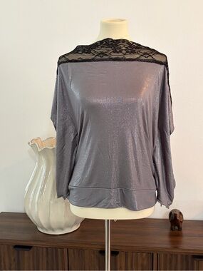 NWOT Lace-Yoke Shimmer Dolman Blouse in Metallic Gray Size 3XL